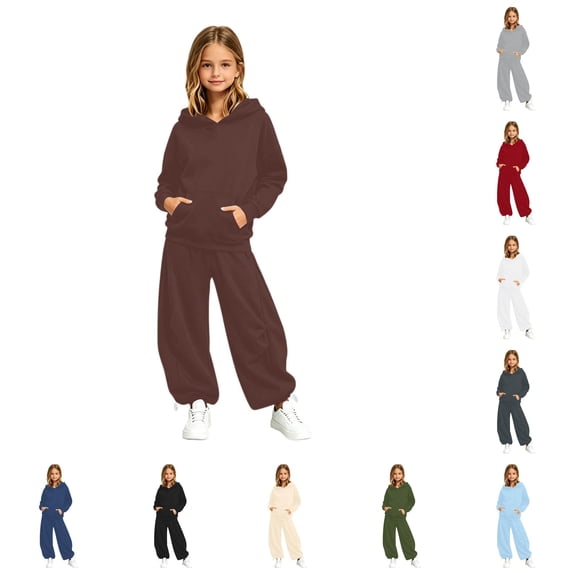 OSOLU Girls 2 Piece Set Solid Color Front Pocket Hoodie and Drawstring Wide Leg Pants Daily Outfit Brown