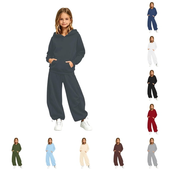 OSOLU Girls 2 Piece Set Solid Color Front Pocket Hoodie and Drawstring Wide Leg Pants Daily Outfit Dark Gray