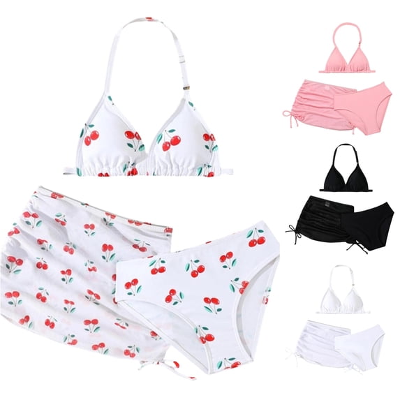 OSOLU Girls 3 Piece Swimsuits Halter Triangle Adjustable Straps Bikini Set With Cover Up Mesh Skirts Summer Pool Outfit 5-11Y Soft Beachwear