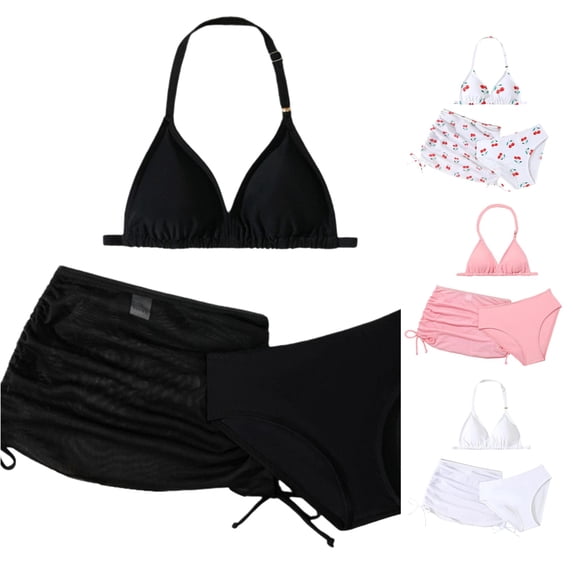 OSOLU Girls 3 Piece Swimsuits Halter Triangle Adjustable Straps Bikini Set With Cover Up Mesh Skirts Summer Pool Outfit 5-11Y Soft Beachwear