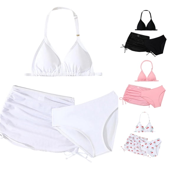 OSOLU Girls 3 Piece Swimsuits Halter Triangle Adjustable Straps Bikini Set With Cover Up Mesh Skirts Summer Pool Outfit 5-11Y Trendy Beachwear
