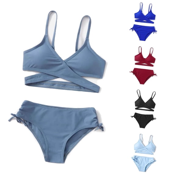 OSOLU Girls Bikini Set 2 Piece Swimsuits For Kids Hallow Out Solid Color Bathing Suit With Briefs Bottom 5-13Y Comfy Beachwear