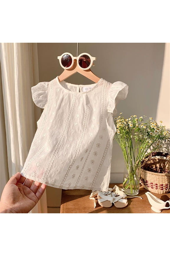 Girls Blouse Sleeveless Round Neck Eyelet Embroidery Ruffle Flutter Sleeve Back Keyhole Casual Summer Tops White