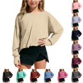 thumbnail image 1 of OSOLU Girls Cropped Sweatshirt Long Sleeve Solid Color Off Shoulder Crew Neck Thumb Hole Raw Hem Loose Casual Daily Tops Beige, 1 of 9