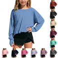 thumbnail image 1 of OSOLU Girls Cropped Sweatshirt Long Sleeve Solid Color Off Shoulder Crew Neck Thumb Hole Raw Hem Loose Casual Daily Tops Blue, 1 of 9