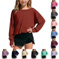 thumbnail image 1 of OSOLU Girls Cropped Sweatshirt Long Sleeve Solid Color Off Shoulder Crew Neck Thumb Hole Raw Hem Loose Casual Daily Tops Green, 1 of 9