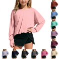 thumbnail image 1 of OSOLU Girls Cropped Sweatshirt Long Sleeve Solid Color Off Shoulder Crew Neck Thumb Hole Raw Hem Loose Casual Daily Tops Pink, 1 of 9