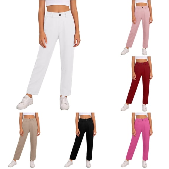 OSOLU Girls Dress Pants Straight Leg Uniform Pants For Girl High Waisted Regular Fit Ankle Length Flat Front Pants For Kids 5-14Y