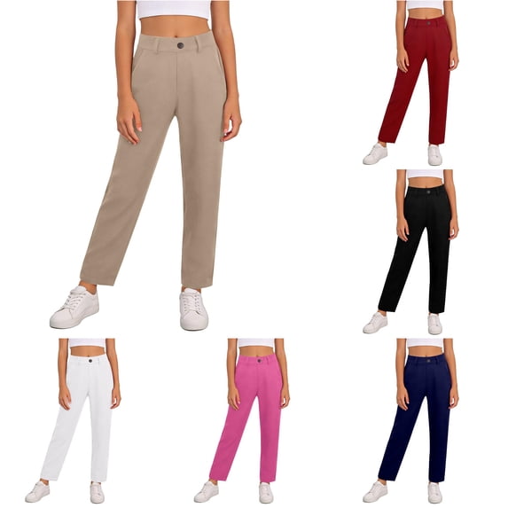 OSOLU Girls Dress Pants Straight Leg Uniform Pants For Girl High Waisted Regular Fit Ankle Length Flat Front Pants For Kids 5-14Y