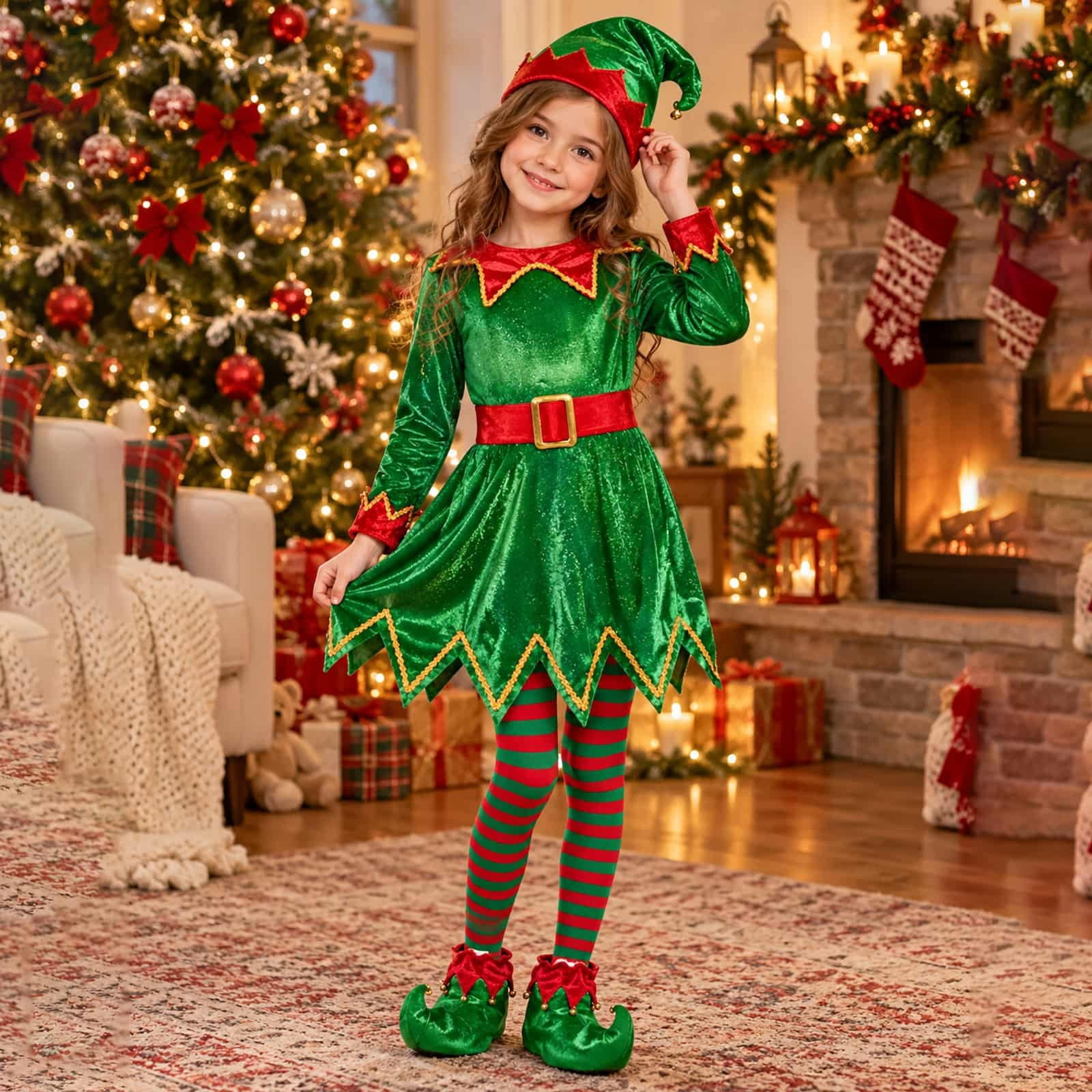 OSOLU Girls Elf 4 Piece Costume Set Long Sleeve Dress Elf Hat Striped ...