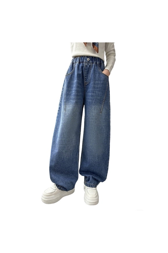 Girls Jeans Casual Denim Wide Leg Pants with Double Patch Pocket Indoor Outdoor Activities Trendy Vacation Trousers