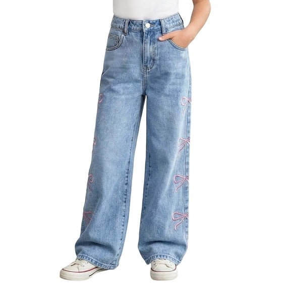 OSOLU Girls Jeans High Waist Straight Leg with Bow Embroidery Casual Loose Fit Denim Pants Trendy Travel Trousers