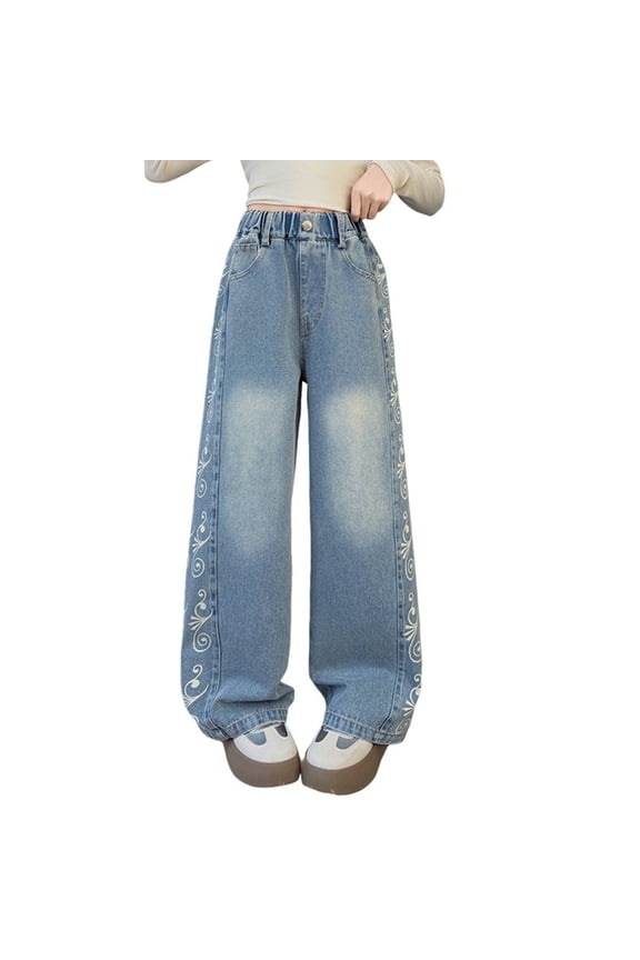 Girls Jeans Straight Wide Leg Personalized Print Casual Denim Pants Loose Fit Daily Wear Chic Holiday Trousers