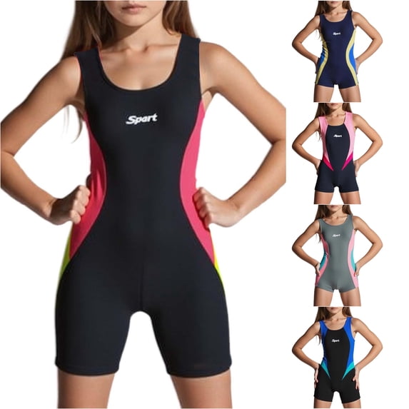 OSOLU Girls One Piece Swimsuit Athletic Competition Swimwear Boyleg Wide Straps Scoop Neck Water Sports Bathing Suit For Kids 5-14Y Stylish Beachwear