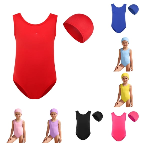 OSOLU Girls One Piece Swimsuit With Matching Swim Cap 2 Piece Swimwear Solid Color Full Coverage Athletic Bathing Suit For Kids 3-16Y Versatile Beachwear
