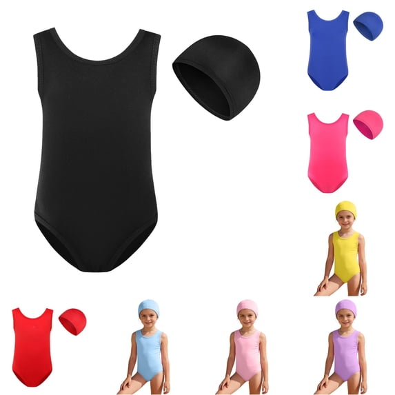 OSOLU Girls One Piece Swimsuit With Matching Swim Cap 2 Piece Swimwear Solid Color Full Coverage Athletic Bathing Suit For Kids 3-16Y Comfy Beachwear