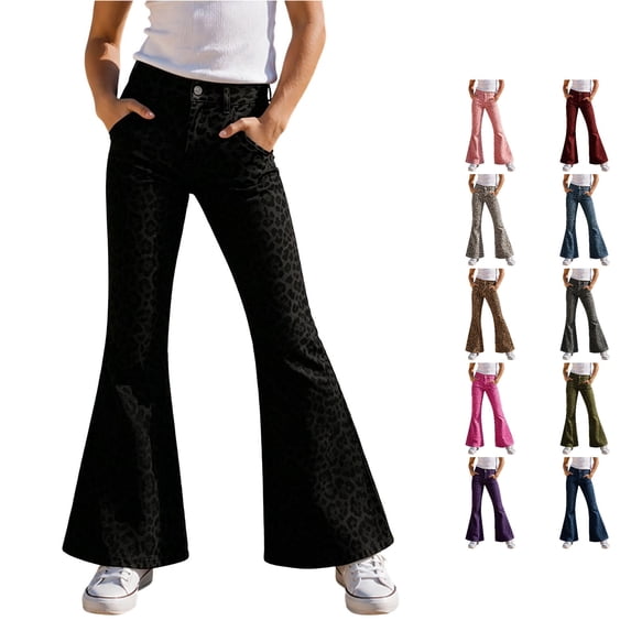 OSOLU Girls Pants Button Waist Pockets Leopard Print Flare Leg Trendy Casual Daily Bottoms Black