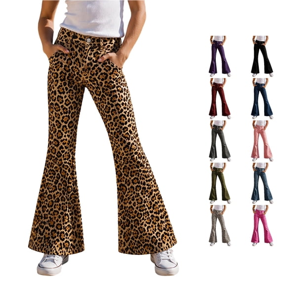 OSOLU Girls Pants Button Waist Pockets Leopard Print Flare Leg Trendy Casual Daily Bottoms Gold