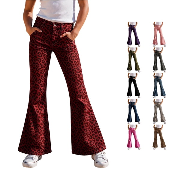 OSOLU Girls Pants Button Waist Pockets Leopard Print Flare Leg Trendy Casual Daily Bottoms Red
