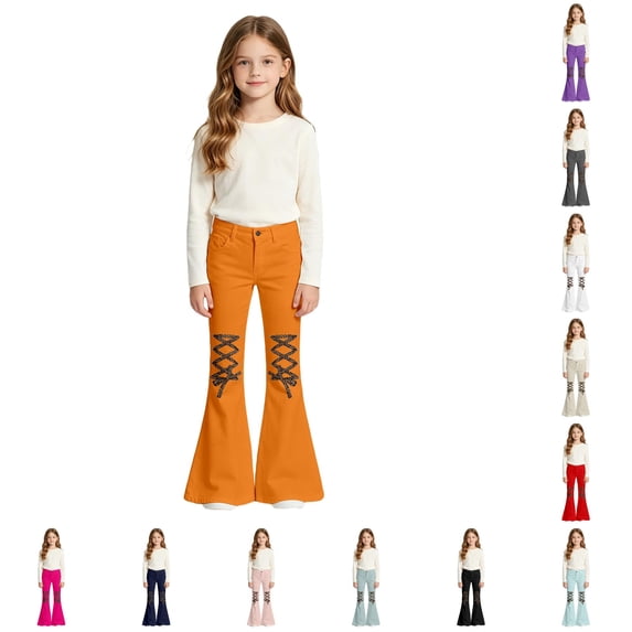 OSOLU Girls Pants Button Waist with Pockets Leopard Pattern Flare Leg Versatile Casual Daily Trousers Orange