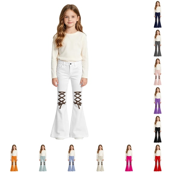 OSOLU Girls Pants Button Waist with Pockets Leopard Pattern Flare Leg Versatile Casual Daily Trousers White
