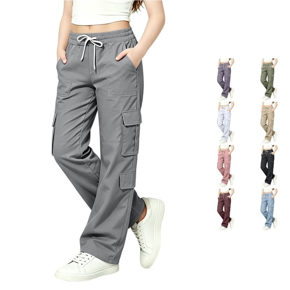 OSOLU Girls Pants Drawstring Elastic Waist Multi Cargo Pockets Straight Leg Casual Trousers Grey