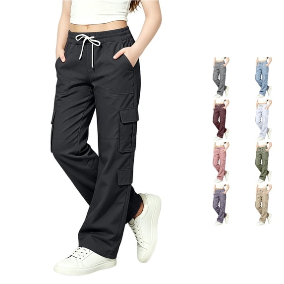 OSOLU Girls Pants Drawstring Elastic Waist Multi Cargo Pockets Straight Leg Casual Trousers Navy