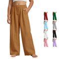 thumbnail image 1 of OSOLU Girls Pants Drawstring Elastic Waist Side Pockets Solid Color Wide Leg Casual Trousers Brown, 1 of 4