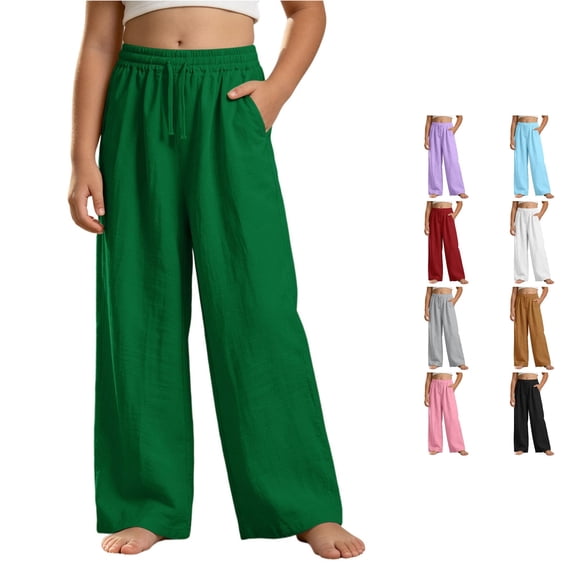 OSOLU Girls Pants Drawstring Elastic Waist Side Pockets Solid Color Wide Leg Casual Trousers Green