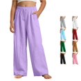 thumbnail image 1 of OSOLU Girls Pants Drawstring Elastic Waist Side Pockets Solid Color Wide Leg Casual Trousers Purple, 1 of 4