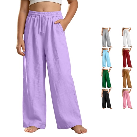 OSOLU Girls Pants Drawstring Elastic Waist Side Pockets Solid Color Wide Leg Casual Trousers Purple