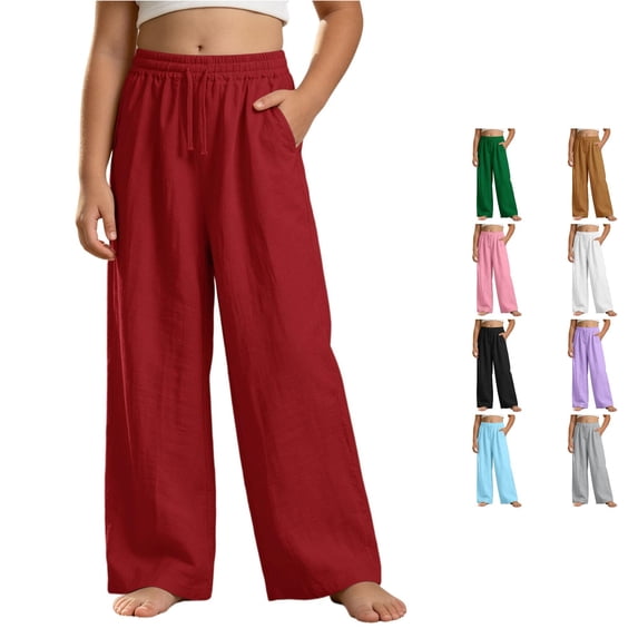 OSOLU Girls Pants Drawstring Elastic Waist Side Pockets Solid Color Wide Leg Casual Trousers Red