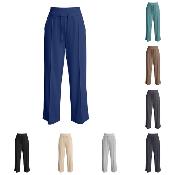 OSOLU Girls Pants Elastic Drawstring High Waist Front Seam Detail Relaxed Straight Leg Casual Trousers Navy