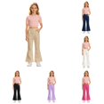 thumbnail image 1 of OSOLU Girls Pants Elastic Waist Flared Leg Side Pockets Casual School Daily Trousers Khaki, 1 of 5