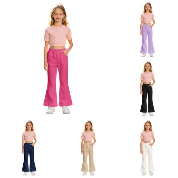 OSOLU Girls Pants Elastic Waist Flared Leg Side Pockets Casual School Daily Trousers Red