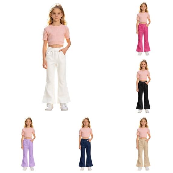 OSOLU Girls Pants Elastic Waist Flared Leg Side Pockets Casual School Daily Trousers White