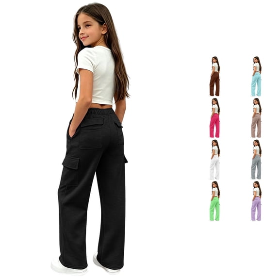 OSOLU Girls Pants Elastic Waist Multi Cargo Pockets Wide Leg Casual Daily Trousers Black