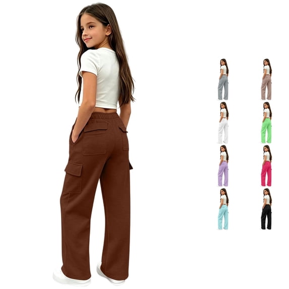 OSOLU Girls Pants Elastic Waist Multi Cargo Pockets Wide Leg Casual Daily Trousers Coffee