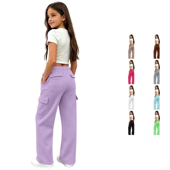 OSOLU Girls Pants Elastic Waist Multi Cargo Pockets Wide Leg Casual Daily Trousers Purple