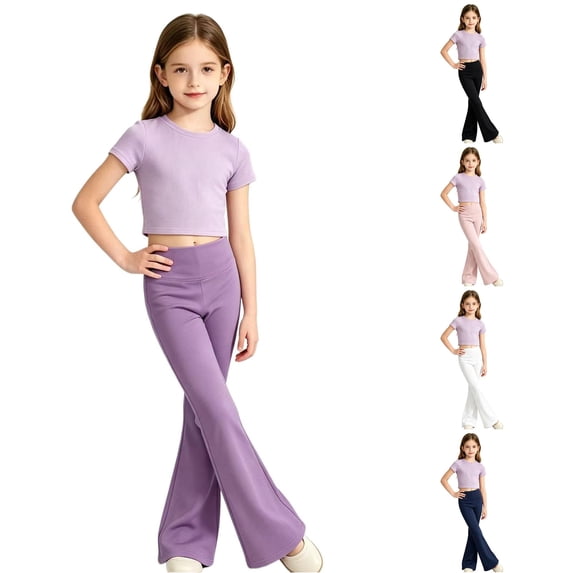 OSOLU Girls Pants High Waist Flared Leg Stretch Slim Fit Casual Dance Daily Bottoms Purple