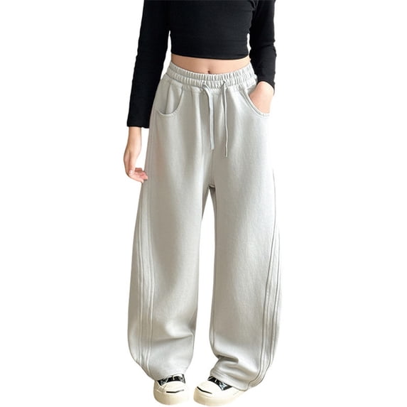 OSOLU Girls Pants Solid Color Comfortable Drawstring Elastic Waist Side Pockets Wide Leg Trousers Kids Daily Wear