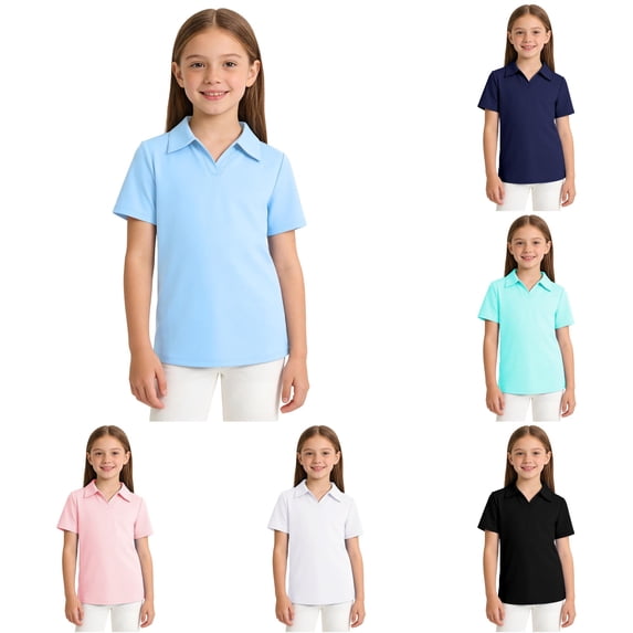 OSOLU Girls Polo Shirt Solid Color Short Sleeve Breathable Quick Dry Kids Sports Uniform Shirts Blue