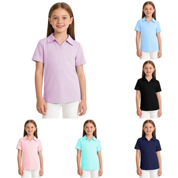 OSOLU Girls Polo Shirt Solid Color Short Sleeve Breathable Quick Dry Kids Sports Uniform Shirts Gray