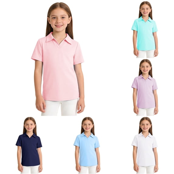 OSOLU Girls Polo Shirt Solid Color Short Sleeve Breathable Quick Dry Kids Sports Uniform Shirts Pink