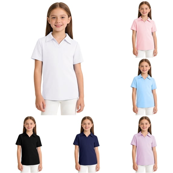 OSOLU Girls Polo Shirt Solid Color Short Sleeve Breathable Quick Dry Kids Sports Uniform Shirts White