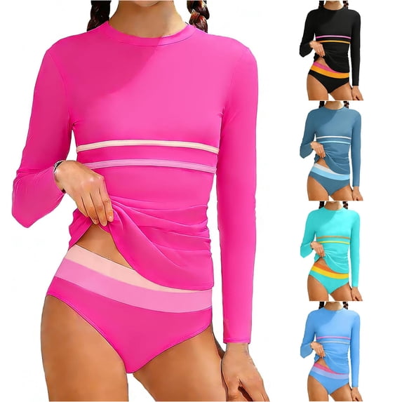 OSOLU Girls Rash Guard Swimsuit Long Sleeve 2 Piece Tankini Sets Color Block Striped Summer Kids Girl Bathing Suit 7-16Y Stylish Beachwear