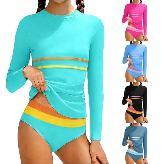 OSOLU Girls Rash Guard Swimsuit Long Sleeve 2 Piece Tankini Sets Color Block Striped Summer Kids Girl Bathing Suit 7-16Y Stylish Beachwear