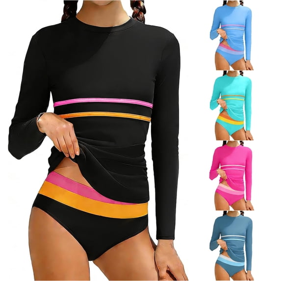 OSOLU Girls Rash Guard Swimsuit Long Sleeve 2 Piece Tankini Sets Color Block Striped Summer Kids Girl Bathing Suit 7-16Y Trendy Beachwear