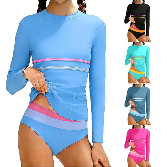 OSOLU Girls Rash Guard Swimsuit Long Sleeve 2 Piece Tankini Sets Color Block Striped Summer Kids Girl Bathing Suit 7-16Y Trendy Beachwear