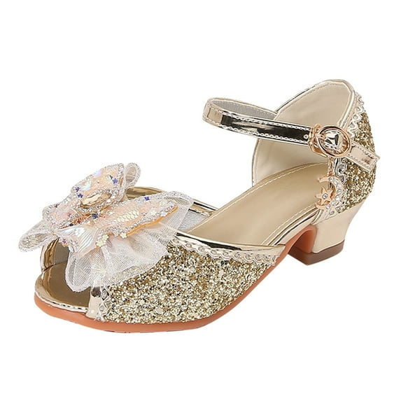OSOLU Girls Sandals Closed Toe Heels Wedding Party Shoes Sequins Bow For Toddler Newborn Boho Shoes, 11-11.5 Years